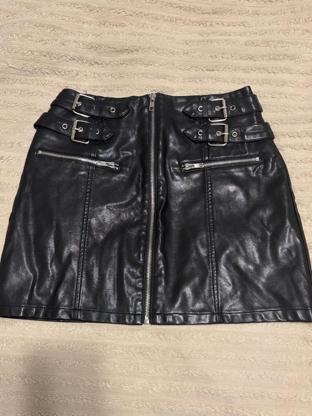 Forever 21 Black Faux Leather Buckle Front-Zip Mini Skirt